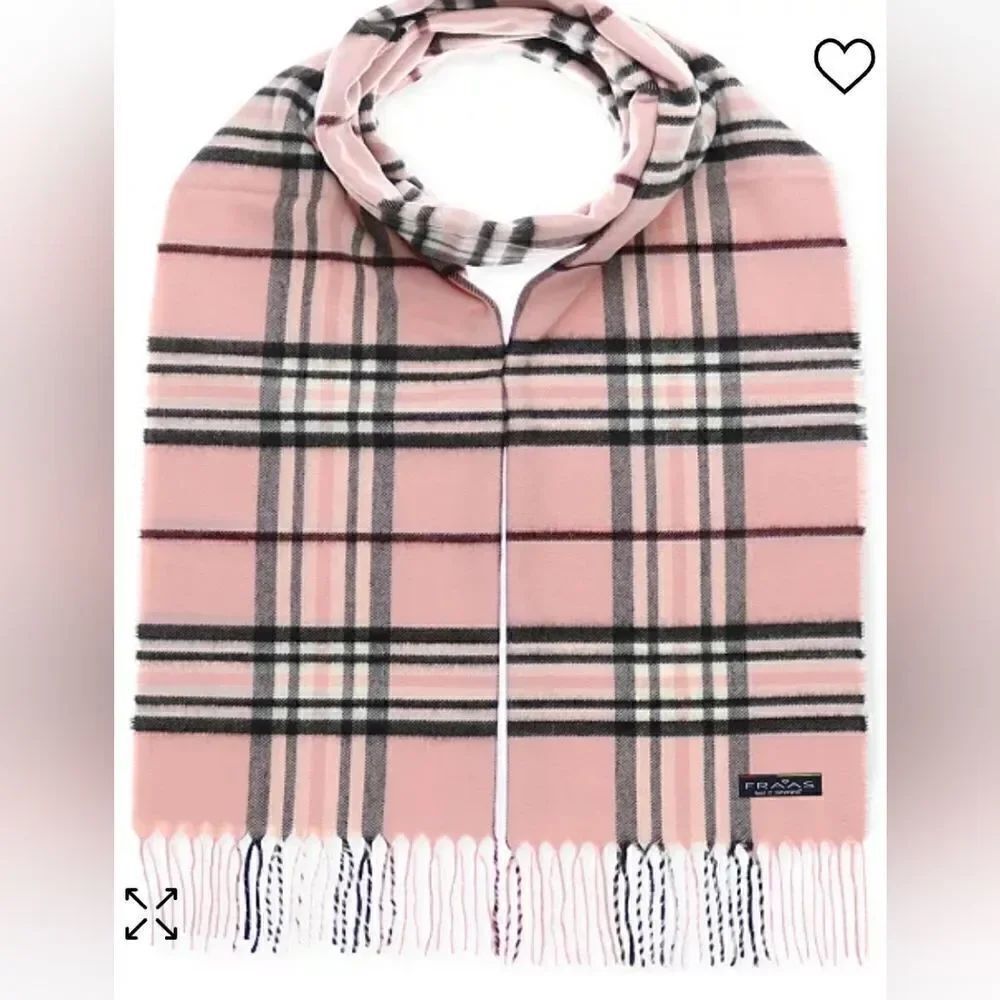V. Fraas Cashmink Pink Grey Plaid 100%Acrylic Fringe Scarf 11.5"×65.5" Germany